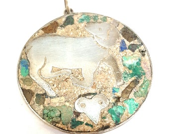 Capricorn Ram Large Sterling Silver with Turquoise Inlay Pendant by AEM of Taxco Mexico