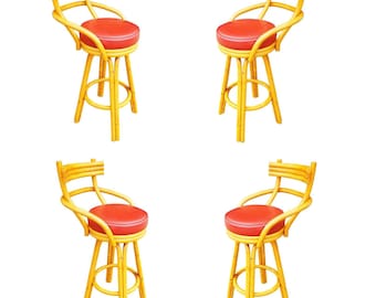 Restored Mid-century Rattan Stacked Bar Swivel Stools w/ Red Seat , Set of 4