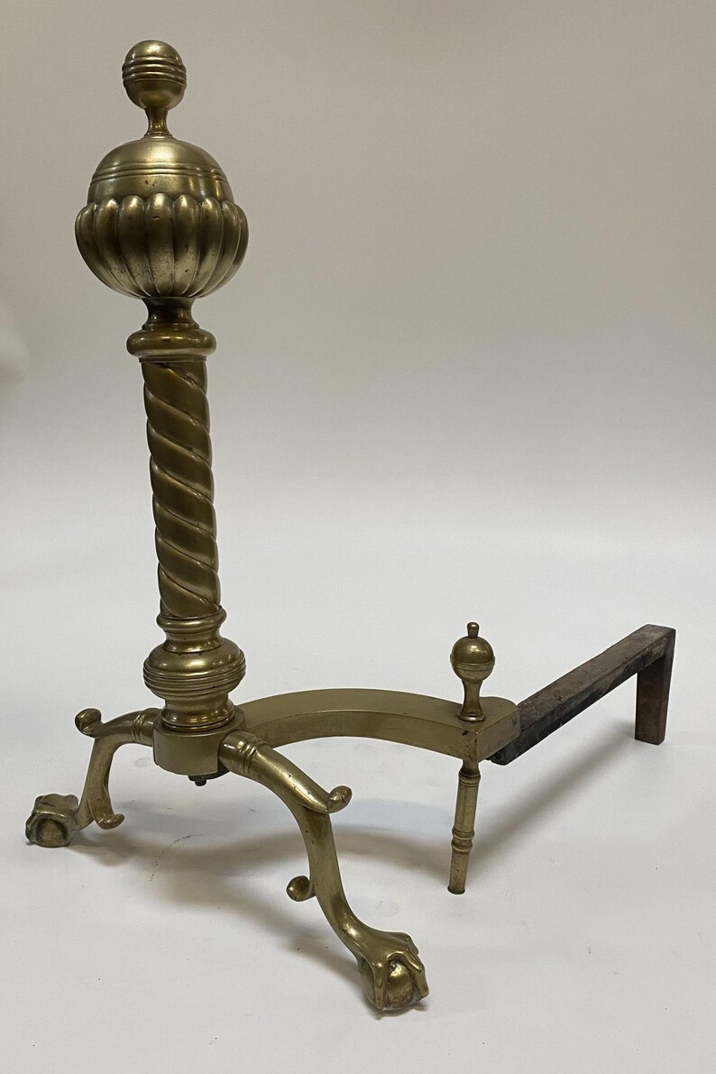 Pair of Brass Belted Ball-top and Spiral Turned Clawfoot Andirons image 5