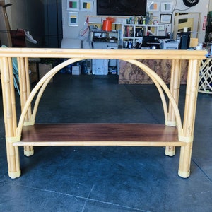 Restored Two-Tier Double Arch Rattan & Mahogany Console Table image 3