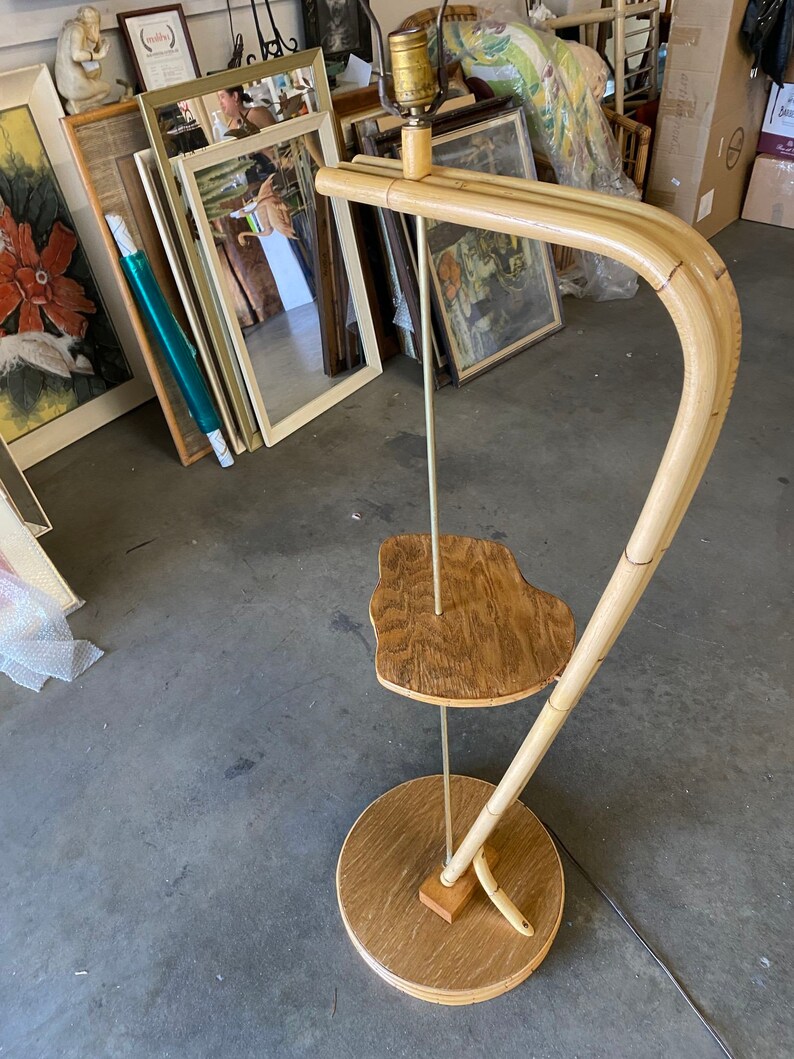 Restored Googie Asymmetric Pole Floor Lamp w/ Side Table & Fiberglass Shade image 3