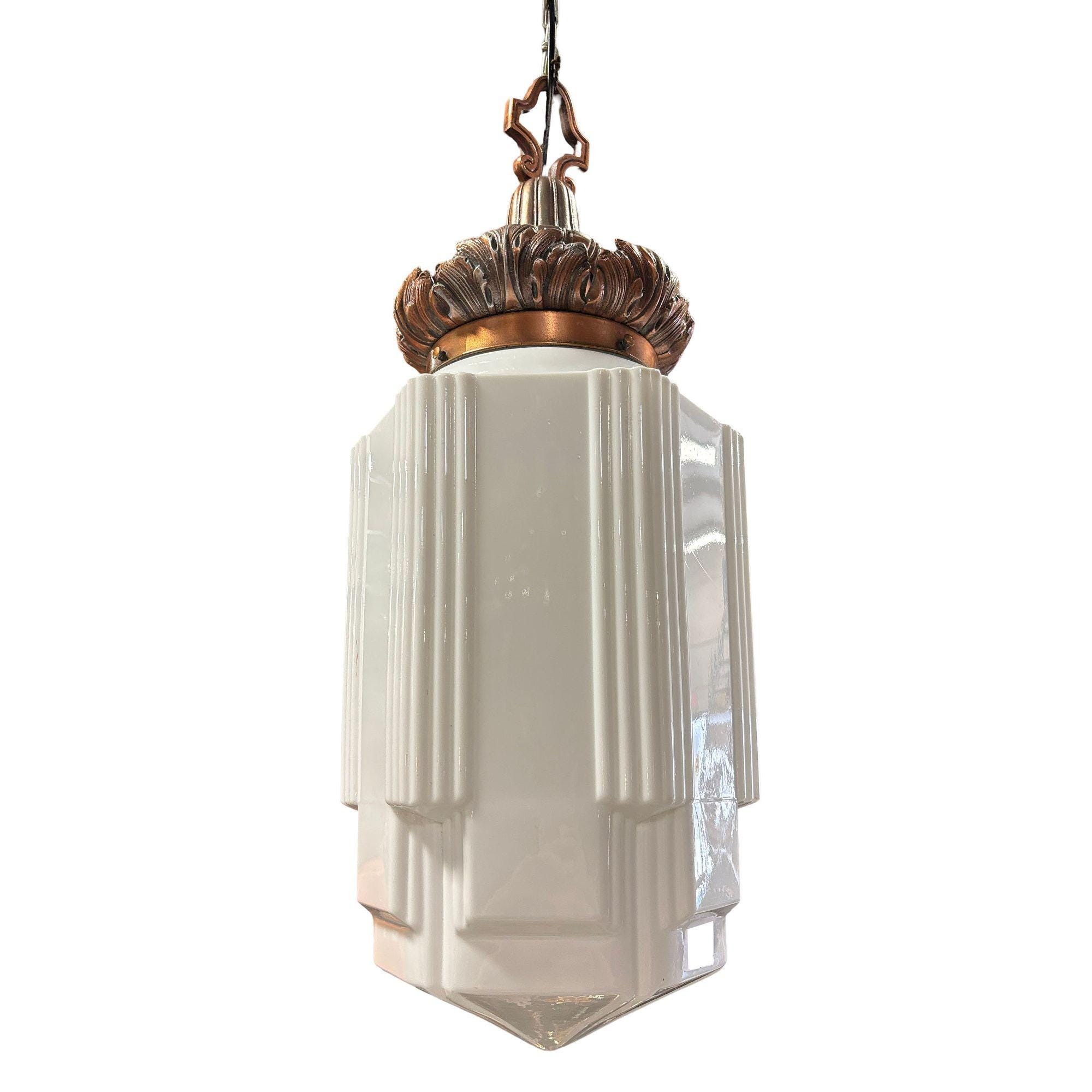 Art Deco Copper Acanthus Leaf Pendant Light w/ Skyscraper Milk Glass Shade
