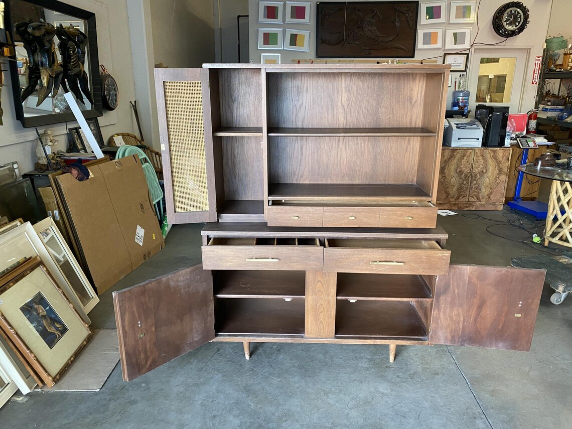 Midcentury Cupboard China Shelf With Wicker Accents by Holman