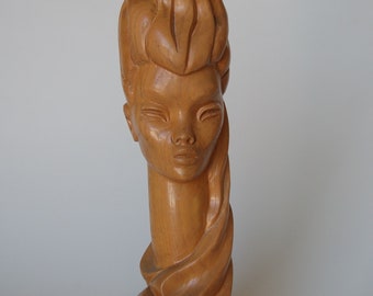 Mid-Century Carved Oak Modernist Female Bust Table Lamp