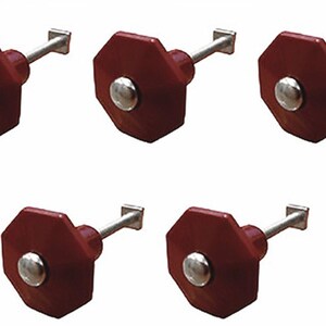 May include: A set of five octagonal drawer knobs in a deep maroon color. Each knob features a smooth, flat-faced design with a central silver-toned metallic accent and a long, thin threaded metal bolt extending from the back for installation.
