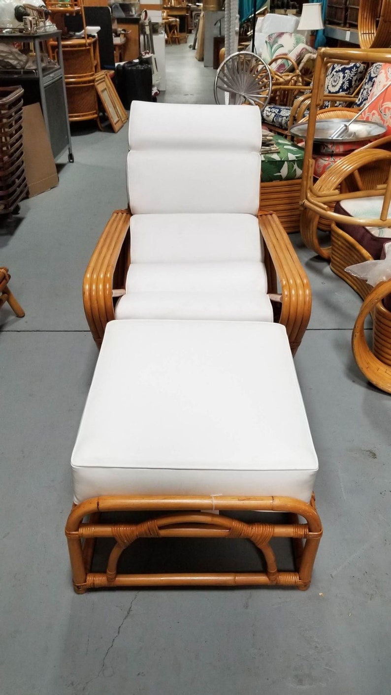 Restored Rattan Four Strand Square Pretzel Chaise Lounge Chair with Ottoman image 2