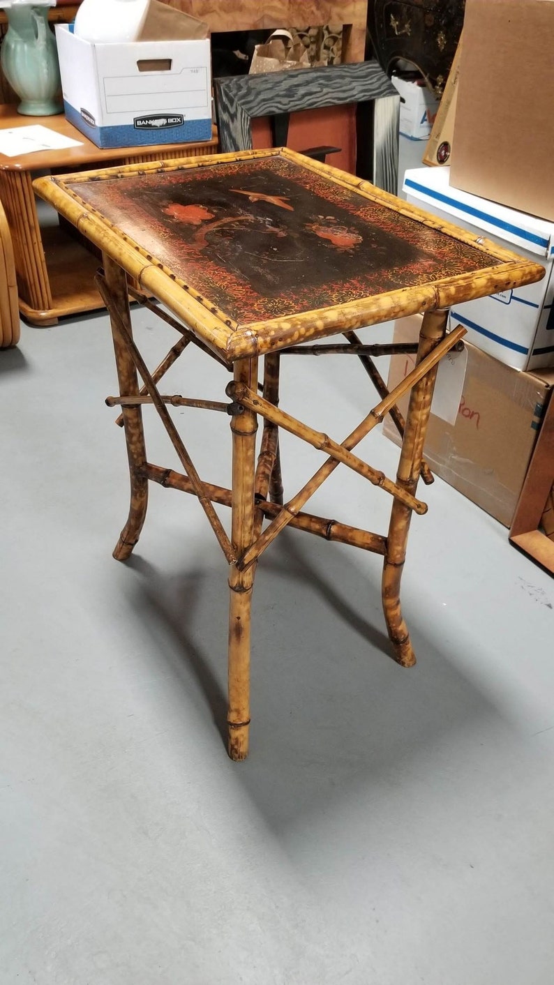 Original Hand Painted Tiger Bamboo Pedestal Side Table image 2