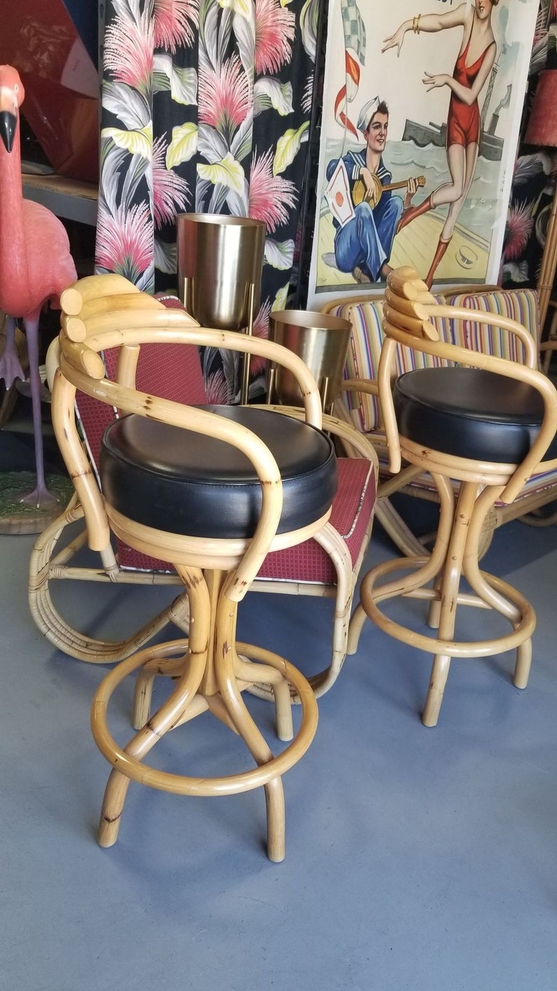 Restored Rattan Single Strand Set of Three Bar Stools image 3