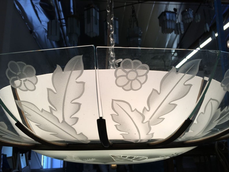 Modernist Tropical Etched Slat Glass Bowl Bronze Chandelier image 8