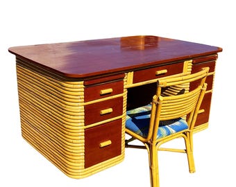 Restored Paul Frankl Style Stacked Rattan & Mahogany Executive Desk W/ Chair
