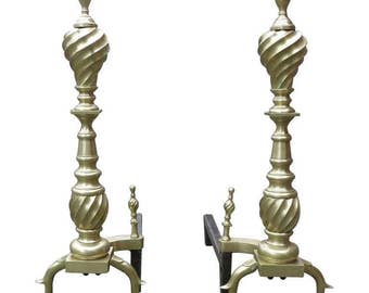 Late Victorian Spiral Chippendale Style Brass Fireplace Andirons, Pair