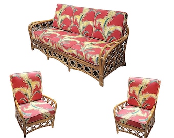 Restored Mid Century Lattice Rattan Sofa & Lounge Chair Livingroom Set