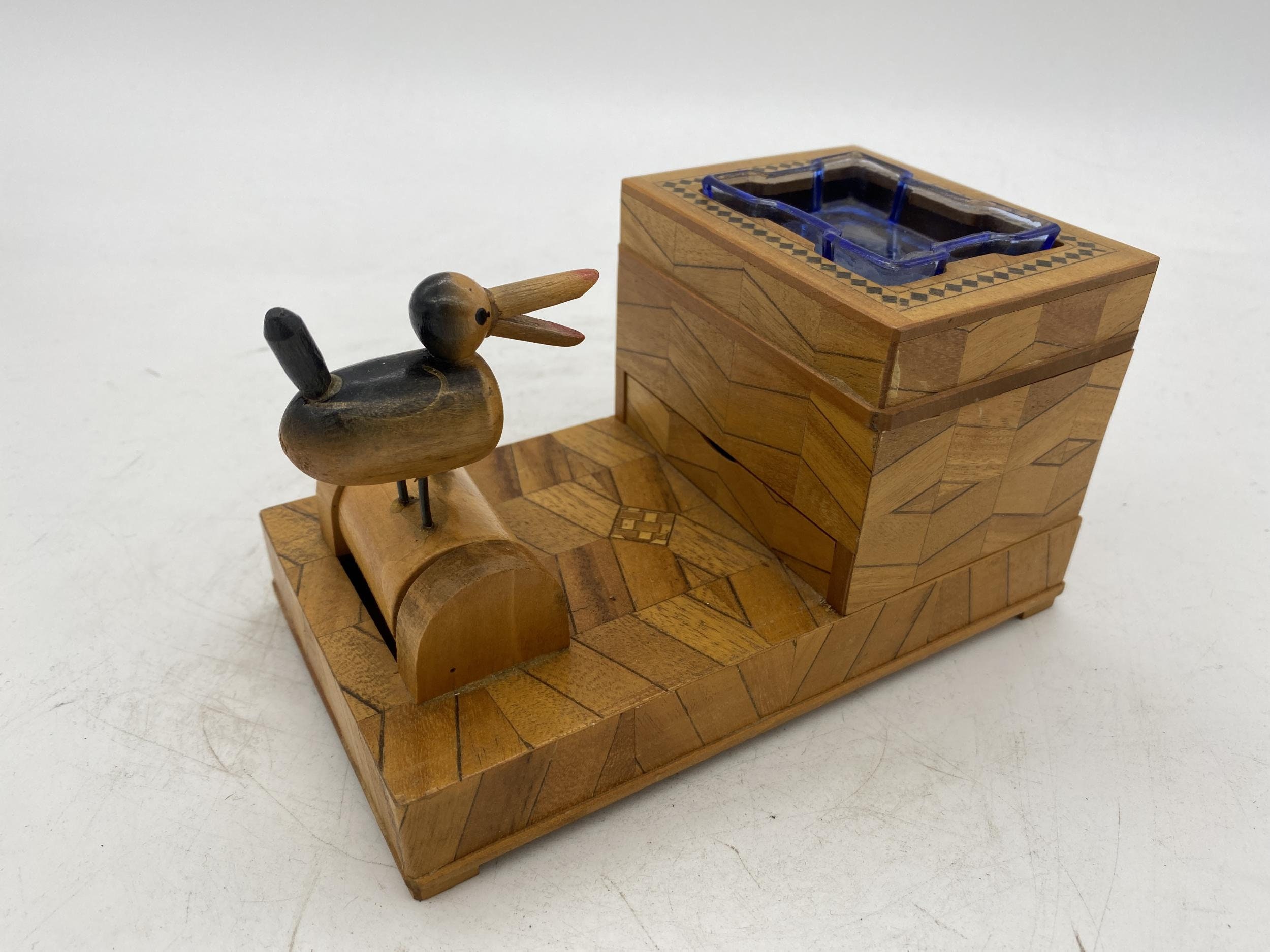duck cigarette dispenser Vintage Inlay Carved Wood Cigarette Box Holder Dispenser With Ashtray and  Mechanical Bird