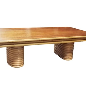 Restored Rattan Coffee Table with Stacked Legs and Mahogany Top image 1