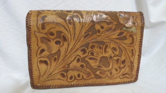 Vintage Mexican Hand Tooled Leather Purse Floral … - image 2