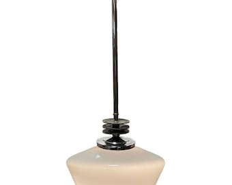 Art Deco Chrome Streamline Pendant Light w/ Opal Schoolhouse Globe