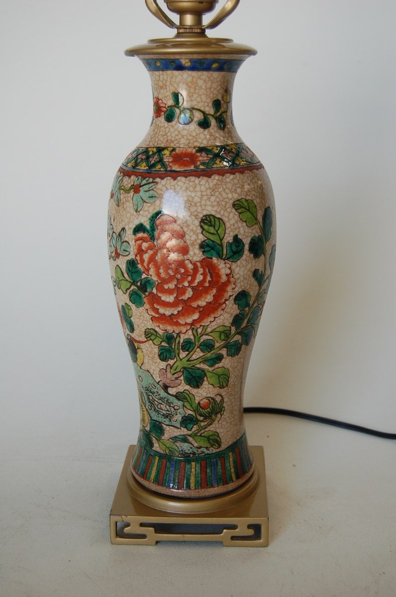 Post War Hand Painted Asian Floral Ceramic Table Lamp image 1