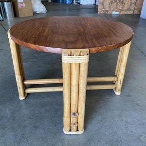Restored Circular Rattan Side Coffee Table With Koa Wood Top image 4