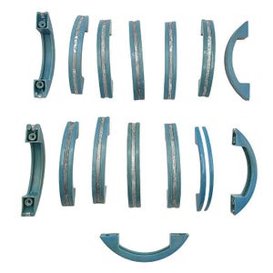 May include: A set of 13 teal blue metal drawer pulls in a variety of shapes and sizes. The pulls are all made from the same material and have a smooth, polished finish.