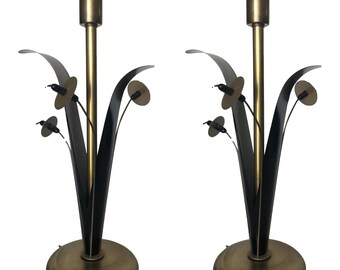 Pair Of Mid Century Brass And Black Metal Willow Table Lamps