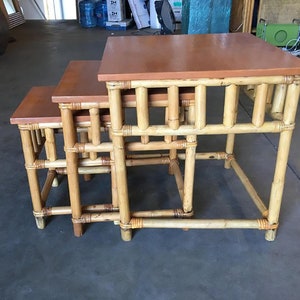 Set of 3 Rattan Nesting Side Tables w/ Mahogany Top image 4