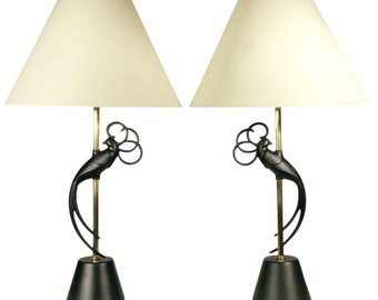 Rembrandt Lovebird Table Lamps in Brass & Iron, Pair