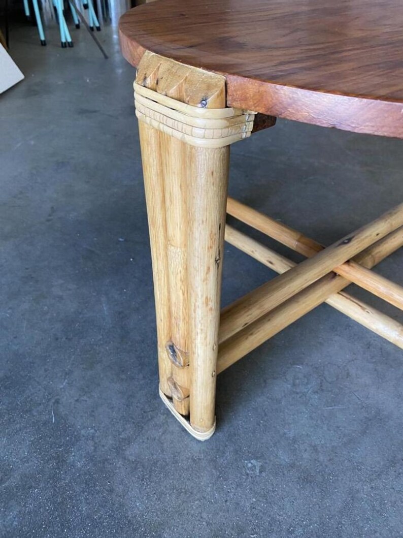 Restored Circular Rattan Side Coffee Table With Koa Wood Top image 8