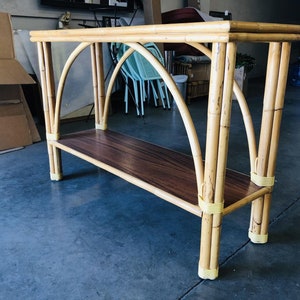 Restored Two-Tier Double Arch Rattan & Mahogany Console Table image 4