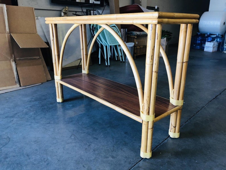 Restored Two-Tier Double Arch Rattan & Mahogany Console Table image 4
