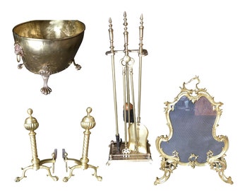 Art Nouveau Brass Fireplace Tool set, Screen, Andiron, & Log Bucket Set