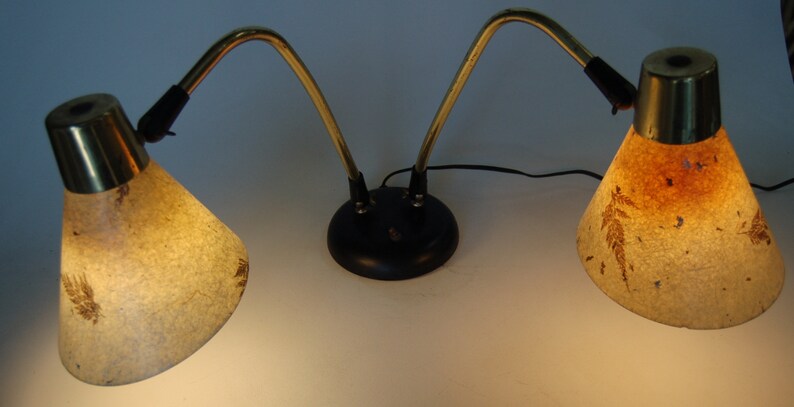 Double Gooseneck Brass Desk Table Lamp w/ Pressed Floral Fiberglass image 6