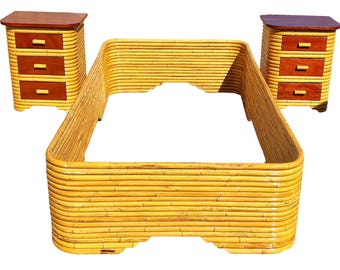 Restored Frankl Style Full Stacked Rattan Bed Frame w/ Night Stands Bedroom Set