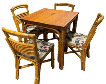 Restored Rattan Sapele Ribbon Mahogany Square Dining Table with Stacked Rattan Chairs
