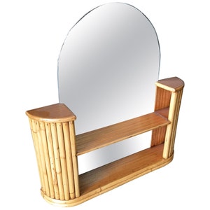 Post War Rattan Vanity Table Console Mirror w/ Shelf image 1