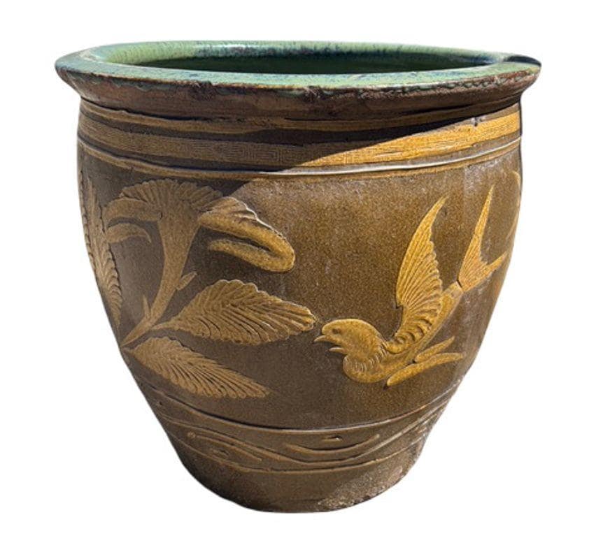 Antique Chinese Century-egg Pottery Jar • Bird & Fern Motifs