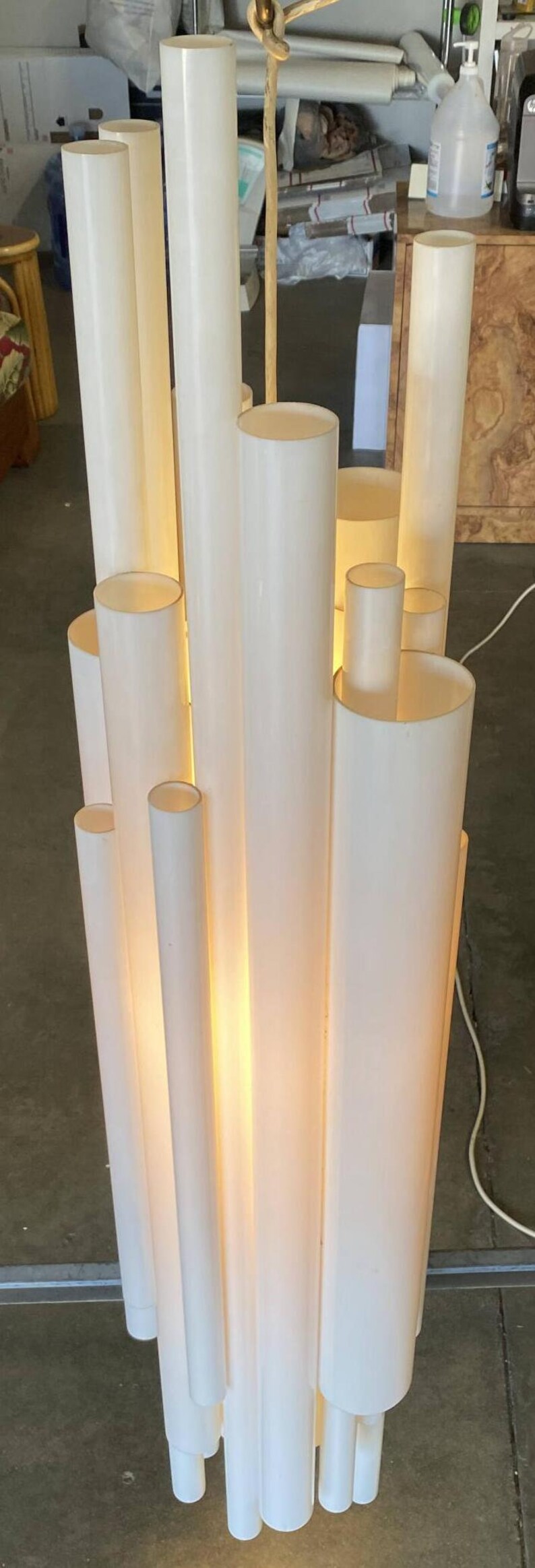 Modernist White Lucite Stacked Tube Chandelier by Rougier, Circa 1970s image 4