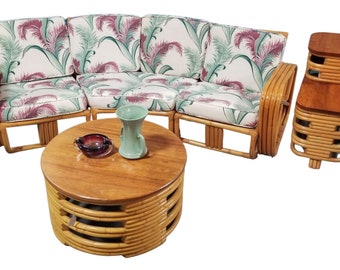 Restored 5 piece Rattan Livingroom Set w/ Corner Sofa, Coffee & Side Table