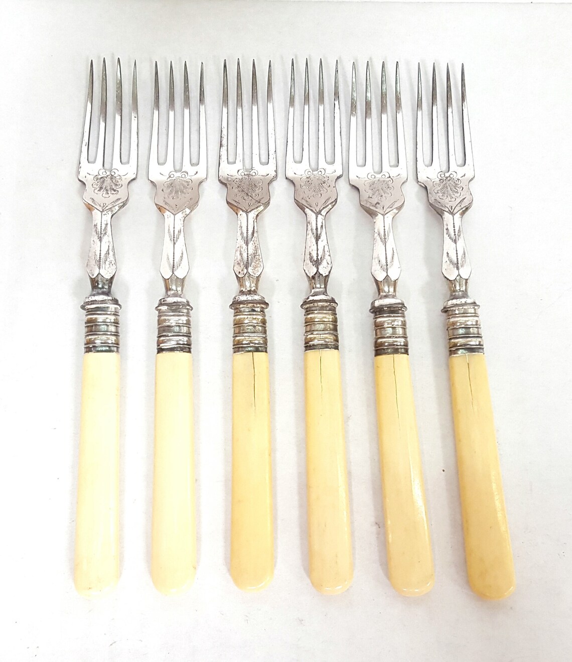Antique Bone Handle Flatware Ornate Dinner Fork Set of 6 Civil Etsy
