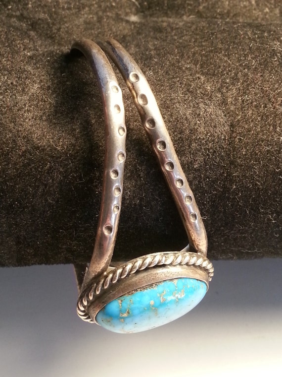 Vintage Turquoise Cabochon and Silver Bracelet - image 2