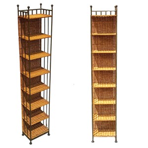 May include: Tall, narrow shelving unit with six woven wicker shelves. The shelves are supported by a dark metal frame with decorative finials at the top. The unit is designed for storage and display.