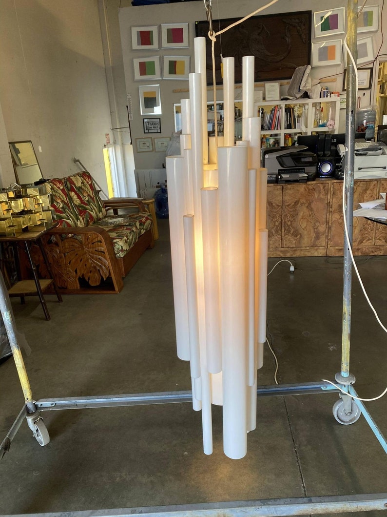 Modernist White Lucite Stacked Tube Chandelier by Rougier, Circa 1970s image 6