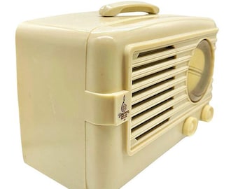 Radio AM de tubo de vacío Plaskon Emerson modelo 581 Carrara Ivory de mediados de siglo de 1949