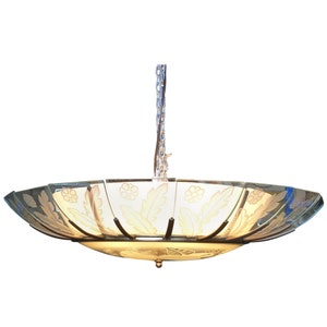 Modernist Tropical Etched Slat Glass Bowl Bronze Chandelier image 1