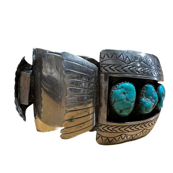 Silver Navajo Watchband Cuff w/ Bisbee Torqouise, Hyson Craig Style View 3