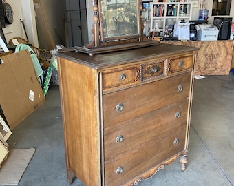 Antique Walnut Highboy Dresser w/ Vanity Table Mirror by Berkey & Gay Furniture