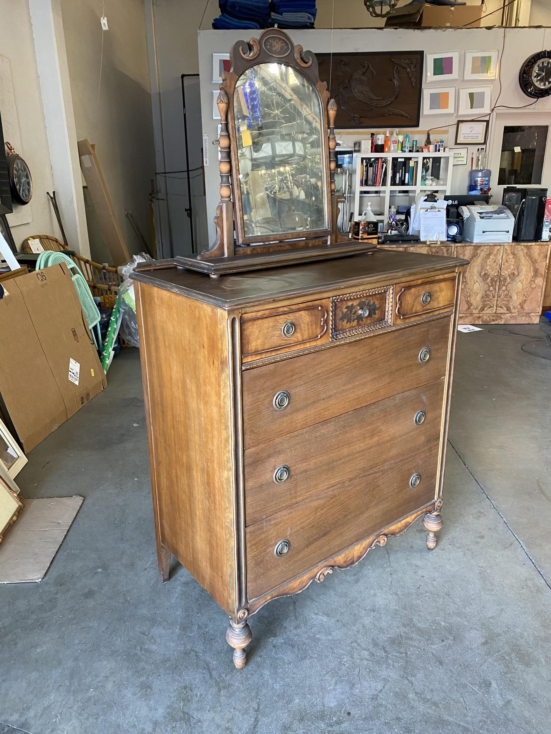 Antique Walnut Highboy Dresser W/ Vanity Table Mirror by