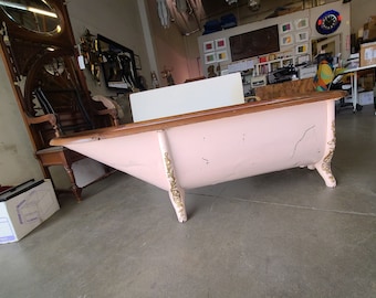 Victorian Painted Galvanized Steel Clawfoot Bathtub w/ Oak Roll Rim, Circa 1890