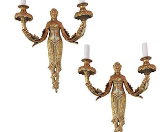 Sculptural 24-Karat Empire Greek Goddess Wall Sconce, Pair