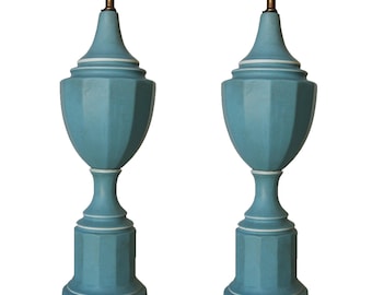Pair Of Mid-Century Regency Blue Ceramic Table Lamps