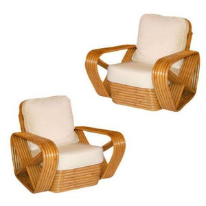 Restored Art Deco Six Strand Square Pretzel Stacked Rattan Lounge Chair, Pair